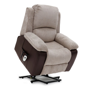 Bloomsbury Riser Recliner with Heat and Massage - Light Brown Corduroy Fabric / Brown Air Leather