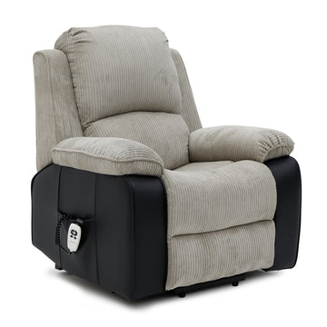 Bloomsbury Riser Recliner with Heat and Massage - Grey Corduroy Fabric / Black Air Leather